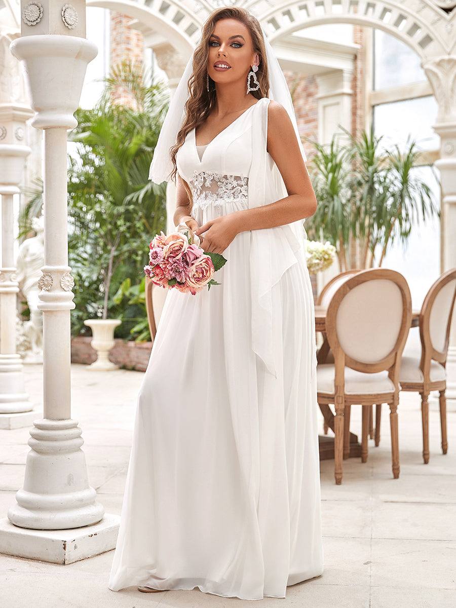Color=Cream | Deep V Neck A-Line Floor Length Wholesale Wedding Dresses-Cream 4