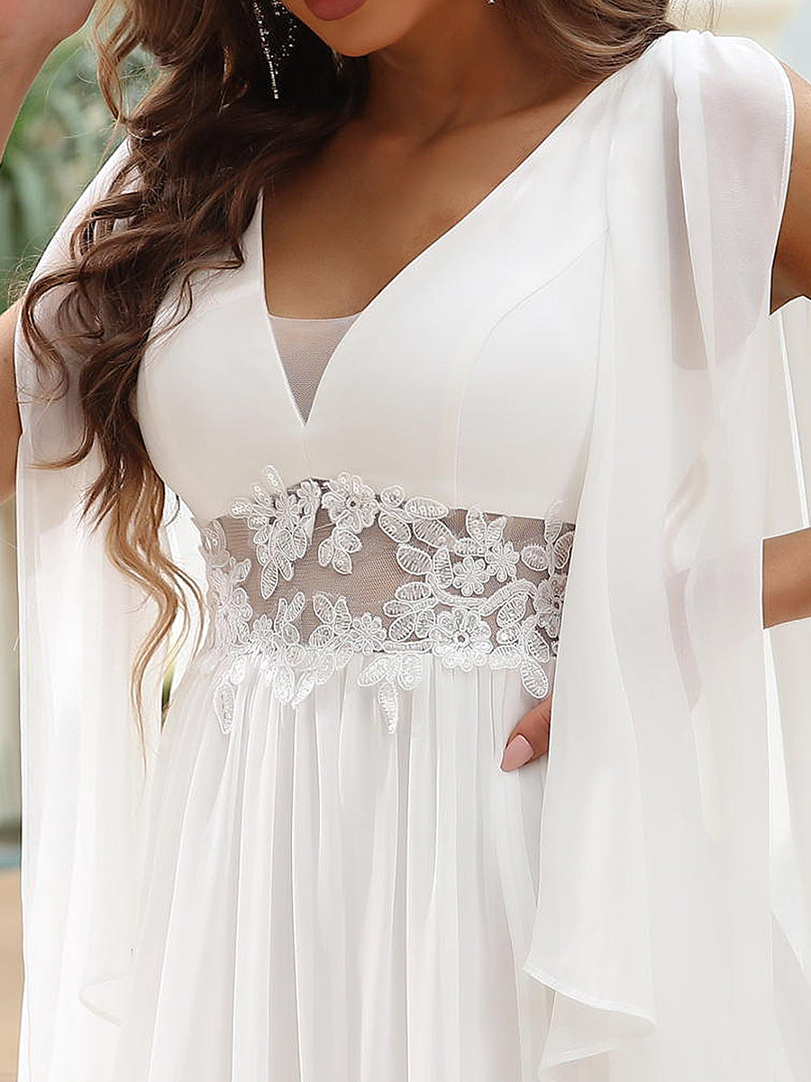 Color=Cream | Deep V Neck A-Line Floor Length Wholesale Wedding Dresses-Cream 5