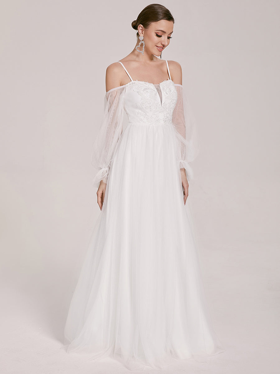 Color=Cream | See Through Lantern Sleeves Wholesale Wedding Dresses-Cream 3
