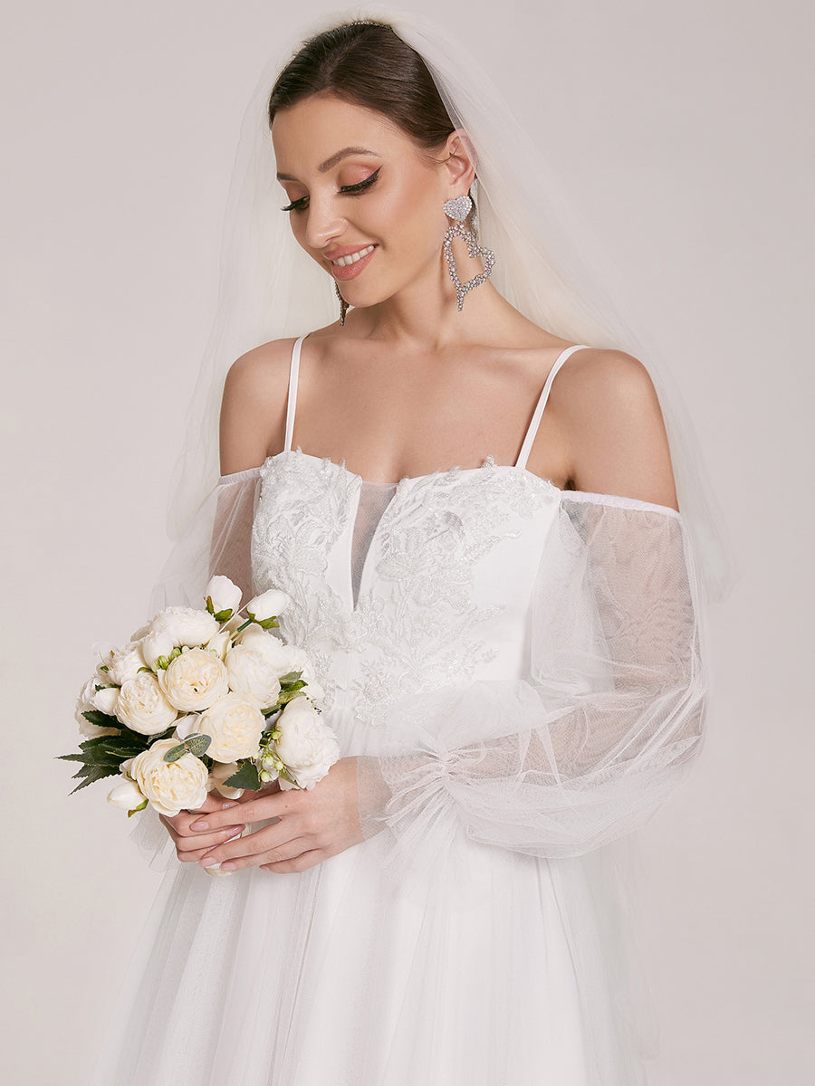 Color=Cream | See Through Lantern Sleeves Wholesale Wedding Dresses-Cream 5