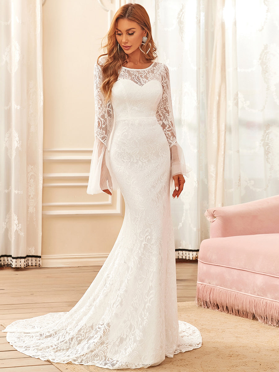 Color=Cream | Round Neck Long Pagoda Sleeves Wholesale Wedding Dresses-Cream 1