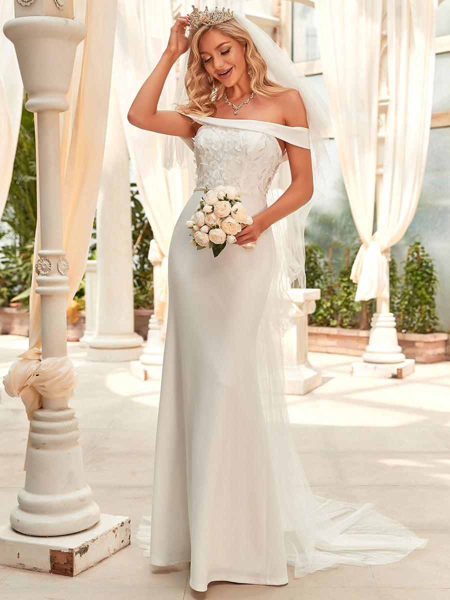 Color=White | Off Shoulders Fishtail Floor Length Wholesale Wedding Dresses-White 2