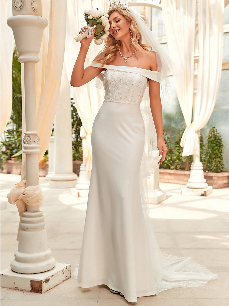 Color=White | Off Shoulders Fishtail Floor Length Wholesale Wedding Dresses-White 4