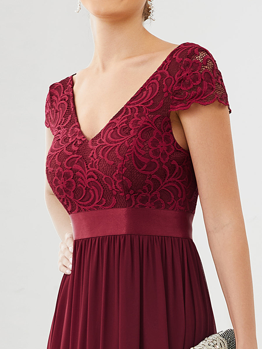 Color=Burgundy | Deep V Neck A Line Cover Sleeves Wholesale Bridesmaid Dresses-Burgundy 5