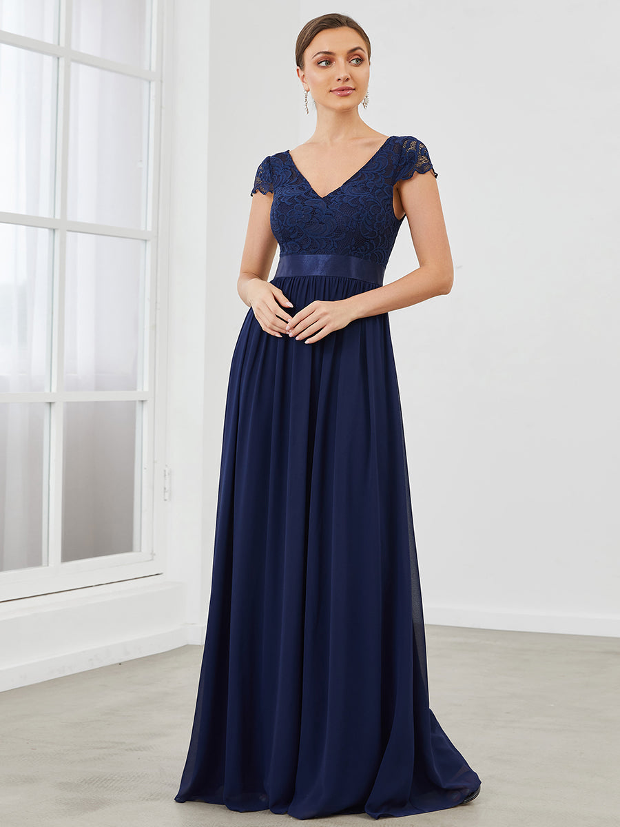 Color=Navy Blue | Deep V Neck A Line Cover Sleeves Wholesale Bridesmaid Dresses-Navy Blue 1