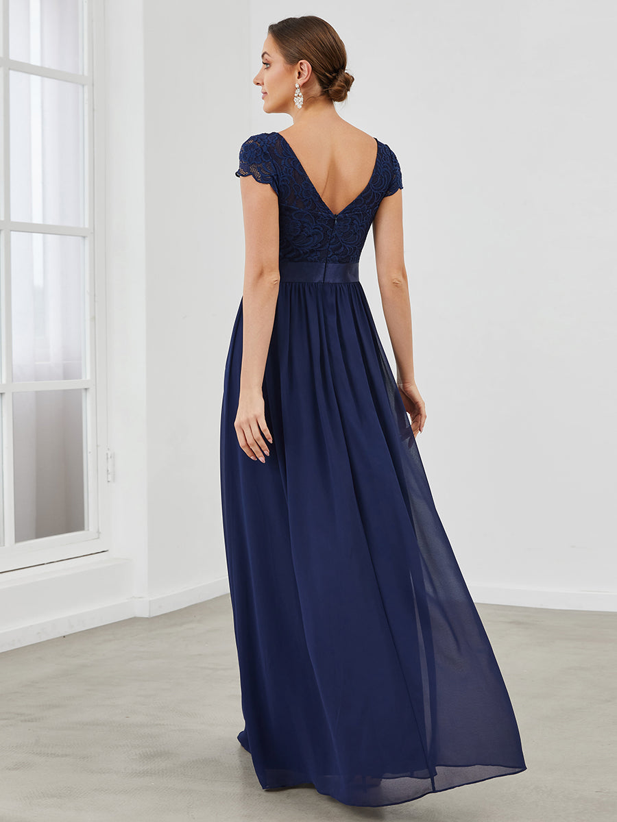 Color=Navy Blue | Deep V Neck A Line Cover Sleeves Wholesale Bridesmaid Dresses-Navy Blue 2