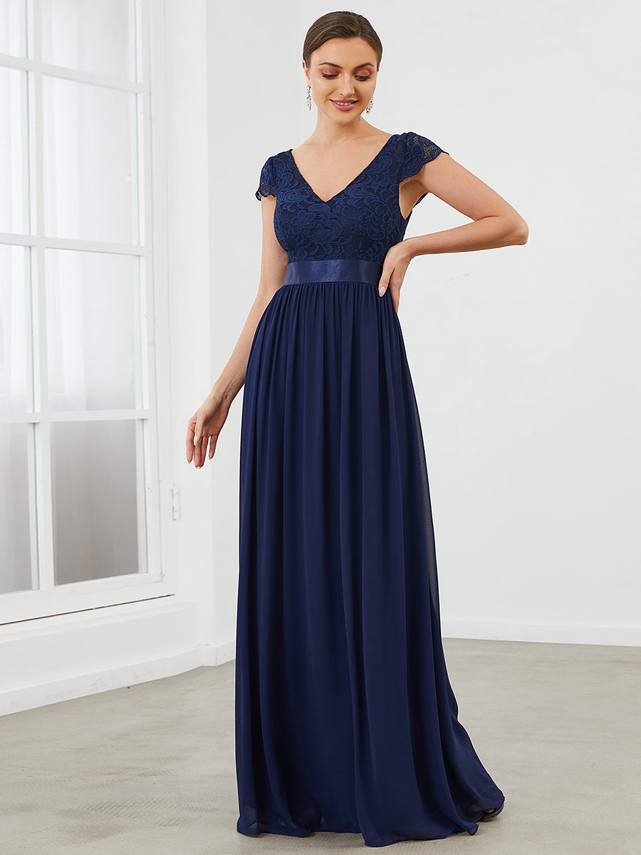 Color=Navy Blue | Deep V Neck A Line Cover Sleeves Wholesale Bridesmaid Dresses-Navy Blue 4