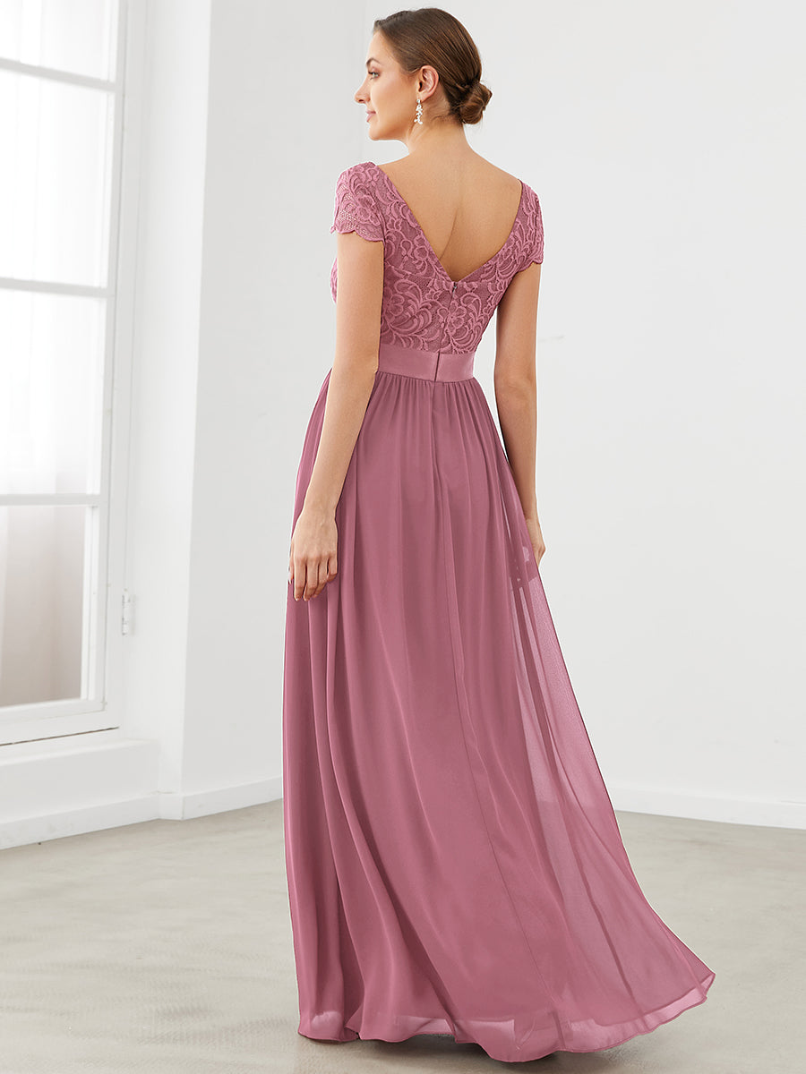 Color=Orchid | Deep V Neck A Line Cover Sleeves Wholesale Bridesmaid Dresses-Orchid 2