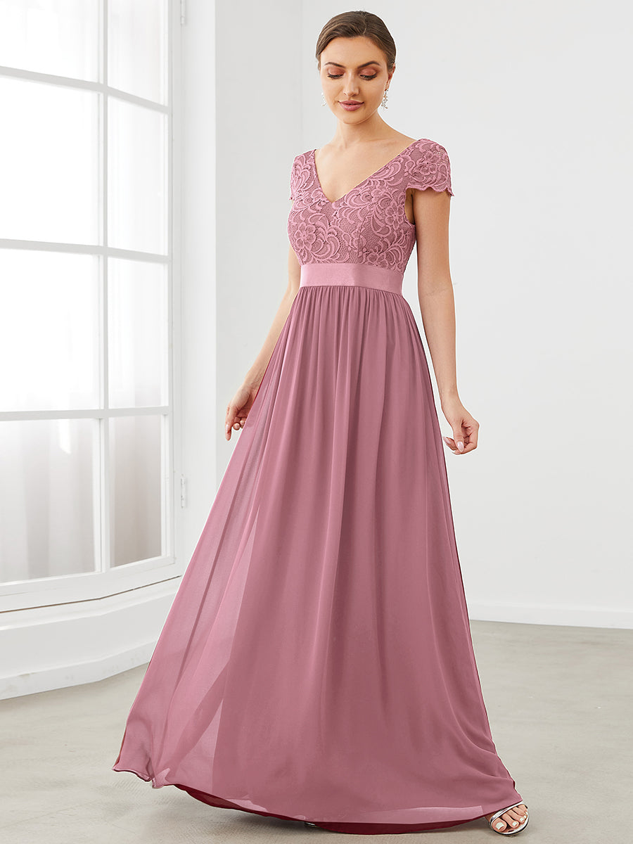 Color=Orchid | Deep V Neck A Line Cover Sleeves Wholesale Bridesmaid Dresses-Orchid 3