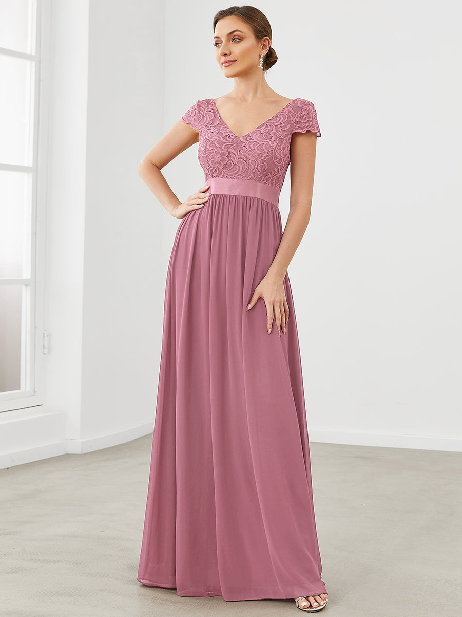 Color=Orchid | Deep V Neck A Line Cover Sleeves Wholesale Bridesmaid Dresses-Orchid 4