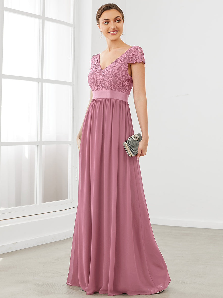 Color=Orchid | Deep V Neck A Line Cover Sleeves Wholesale Bridesmaid Dresses-Orchid 1