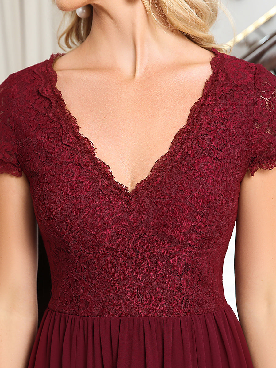 Color=Burgundy | Wholesale Mother of Bridesmaid Dresses with Deep V Neck Short Sleeves-Burgundy 5