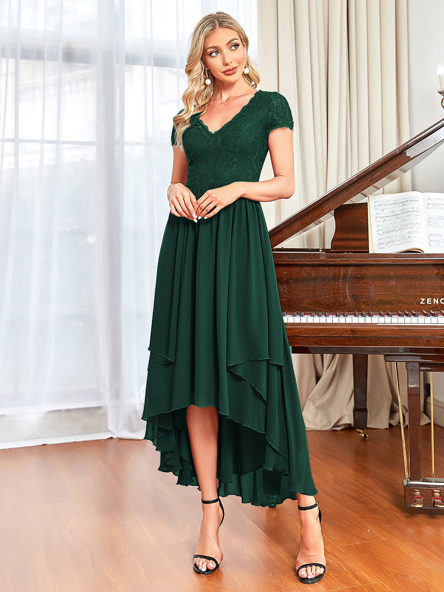Color=Dark Green | Wholesale Mother of Bridesmaid Dresses with Deep V Neck Short Sleeves-Dark Green 3