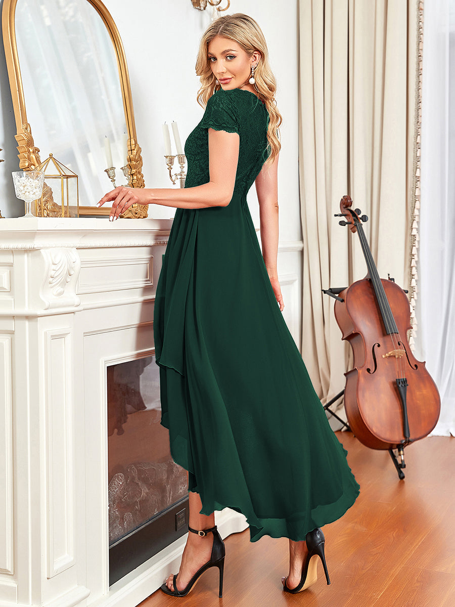 Color=Dark Green | Wholesale Mother of Bridesmaid Dresses with Deep V Neck Short Sleeves-Dark Green 4