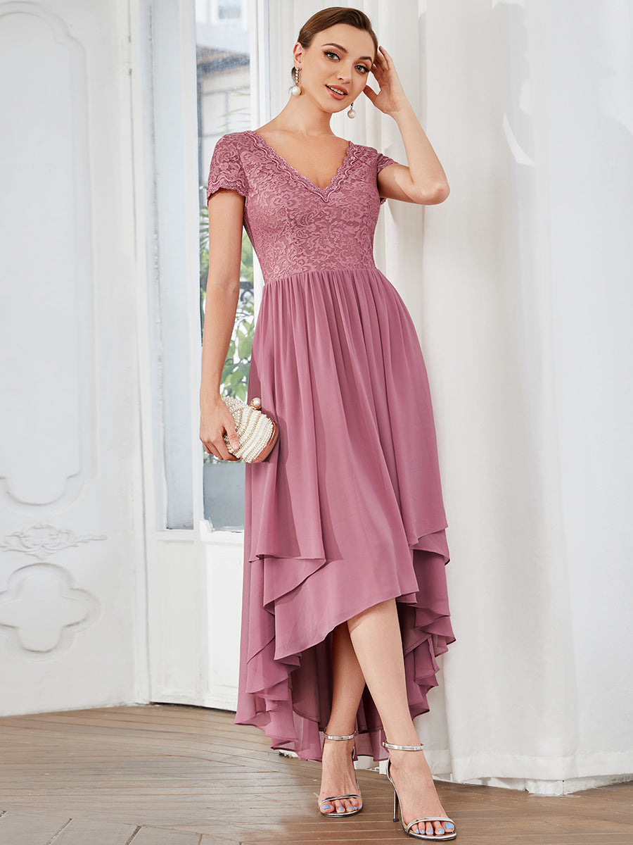 Color=Orchid | Wholesale Mother of Bridesmaid Dresses with Deep V Neck Short Sleeves-Orchid 4