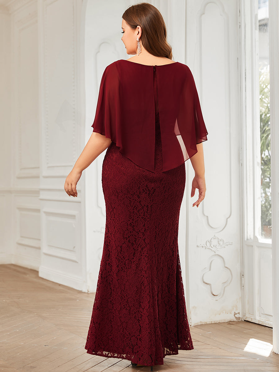 Color=Burgundy | Plus Size Fishtail Ruffles Sleeves Wholesale Mother of Bridesmaid Dresses-Burgundy 2
