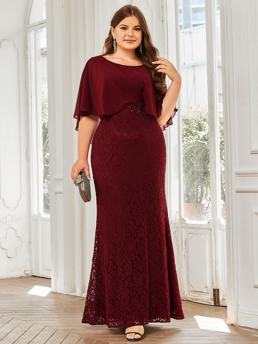 Color=Burgundy | Plus Size Fishtail Ruffles Sleeves Wholesale Mother of Bridesmaid Dresses-Burgundy 3