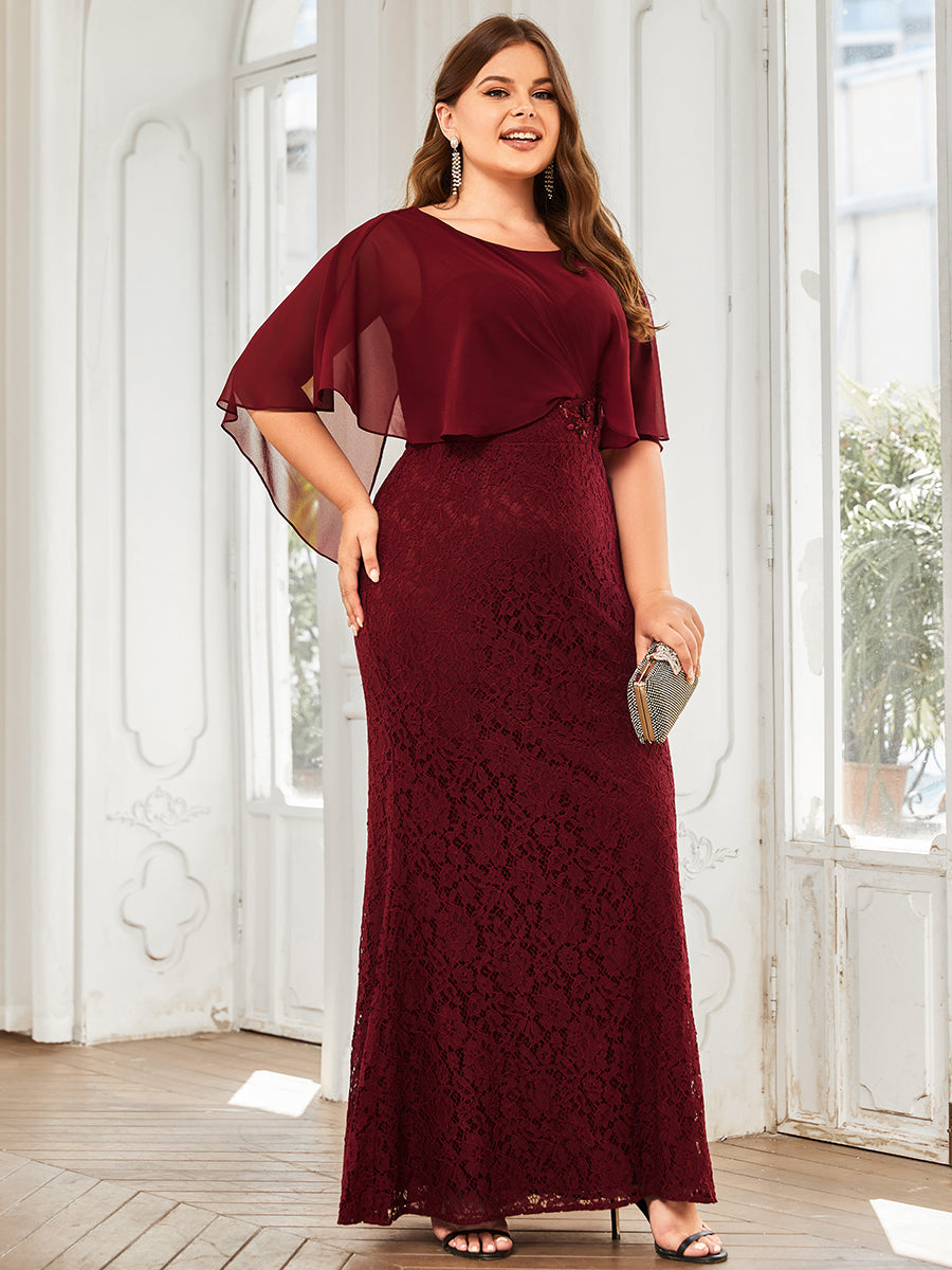 Color=Burgundy | Plus Size Fishtail Ruffles Sleeves Wholesale Mother of Bridesmaid Dresses-Burgundy 4