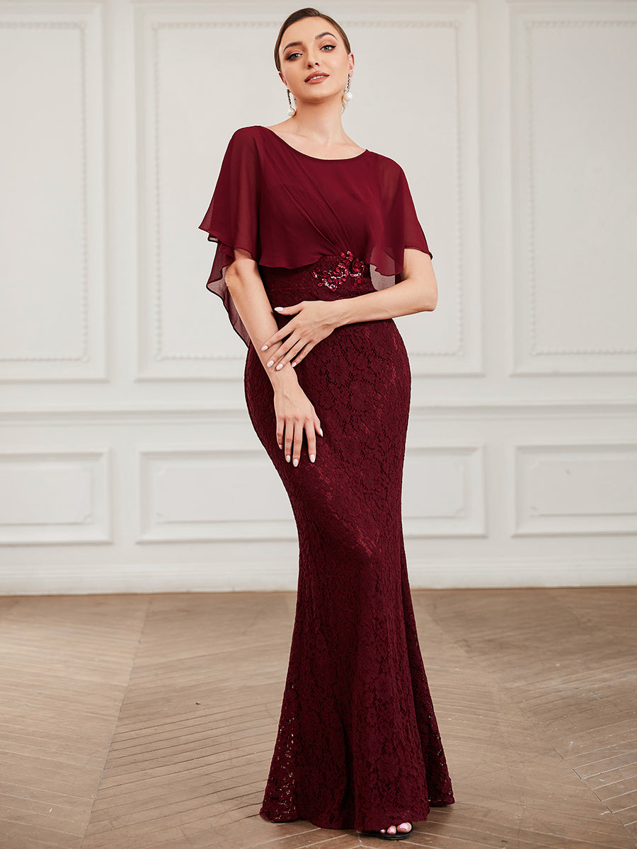 Color=Burgundy | Fishtail Ruffles Sleeves Wholesale Mother of Bridesmaid Dresses-Burgundy 1