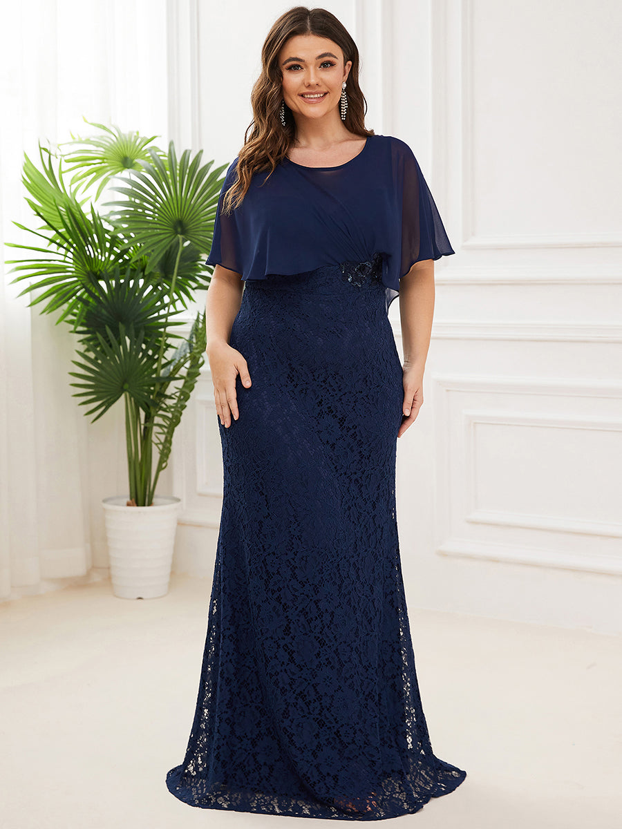 Plus Size Fishtail Ruffles Sleeves Wholesale Mother of Bridesmaid Dresses#Color_Navy Blue