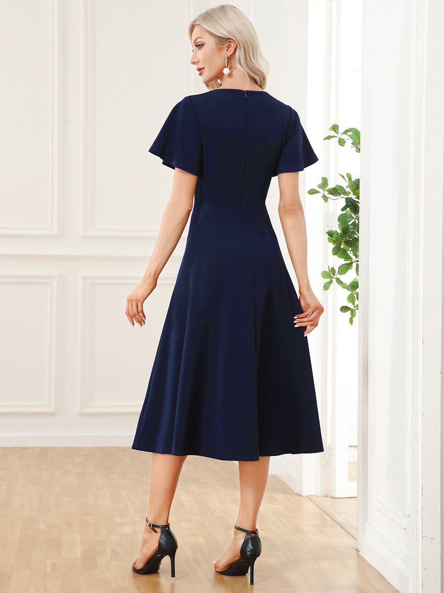 Color=Navy Blue | V Neck Ruffles Sleeves A Line Wholesale Mother of the Bride Dresses-Navy Blue 2