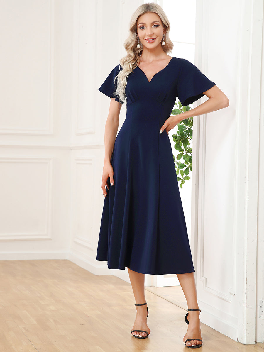 Color=Navy Blue | V Neck Ruffles Sleeves A Line Wholesale Mother of the Bride Dresses-Navy Blue 4