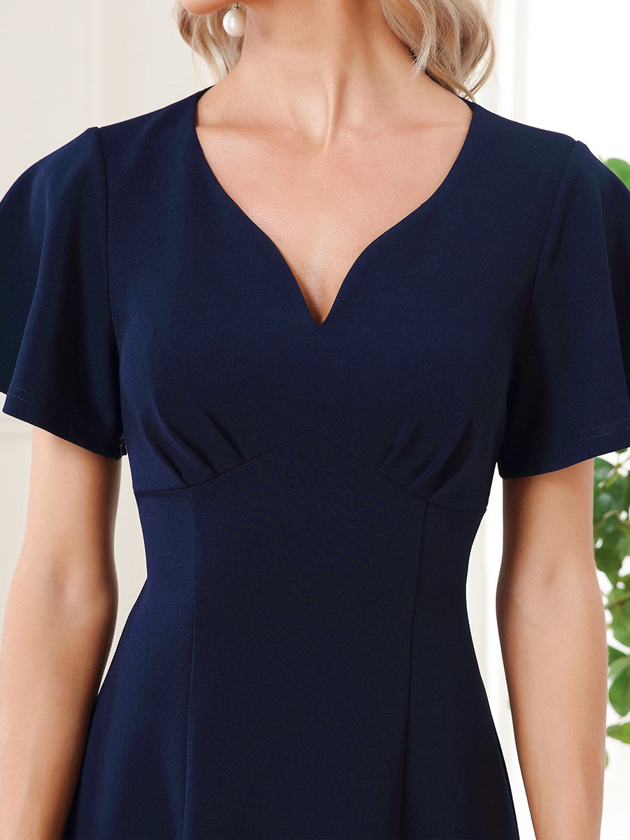 Color=Navy Blue | V Neck Ruffles Sleeves A Line Wholesale Mother of the Bride Dresses-Navy Blue 5