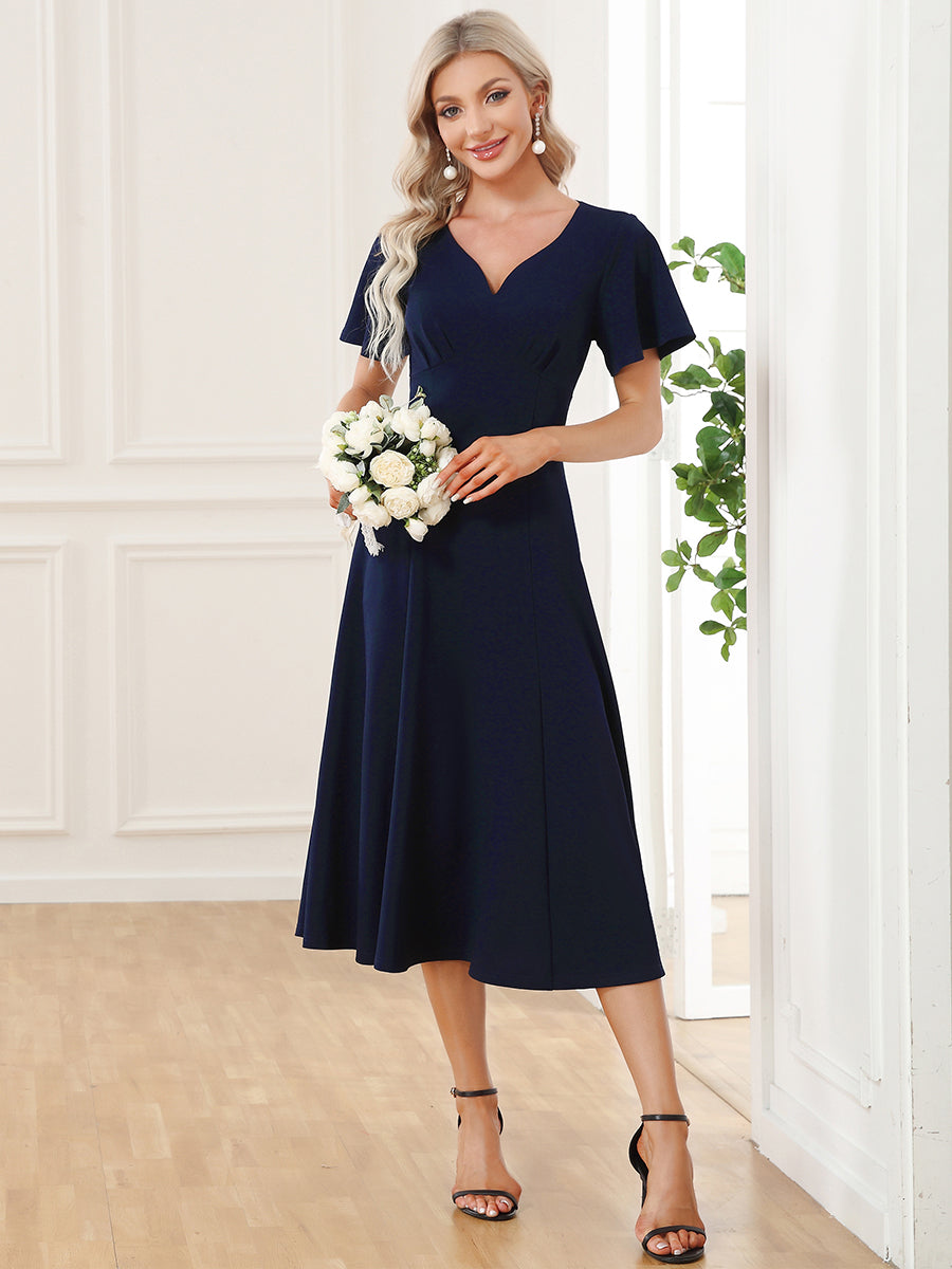 Color=Navy Blue | V Neck Ruffles Sleeves A Line Wholesale Mother of the Bride Dresses-Navy Blue 1