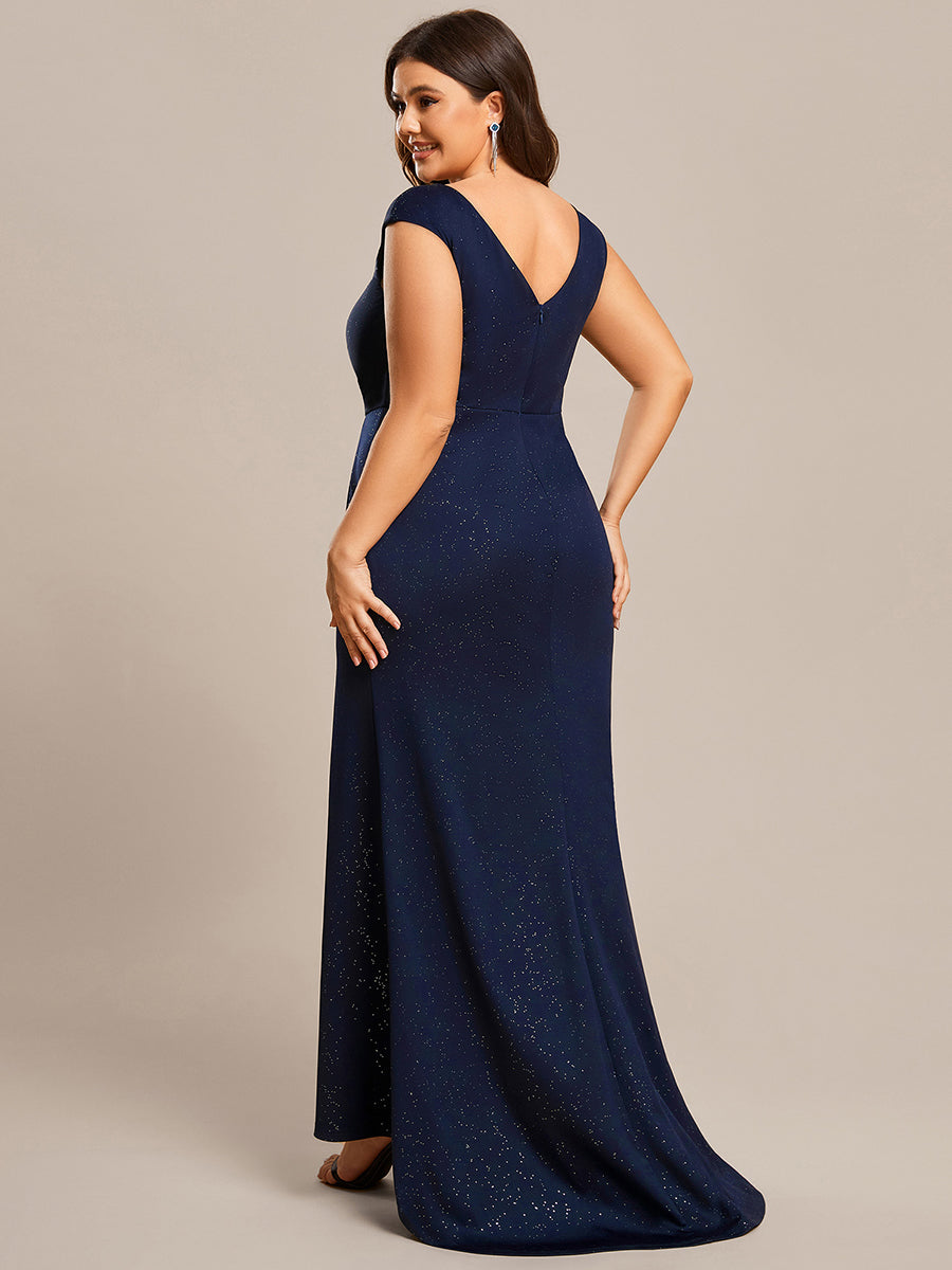 Color=Navy Blue | Plus Cap Sleeve Side Split Wholesale Mother of the Bride Dresses-Navy Blue 2