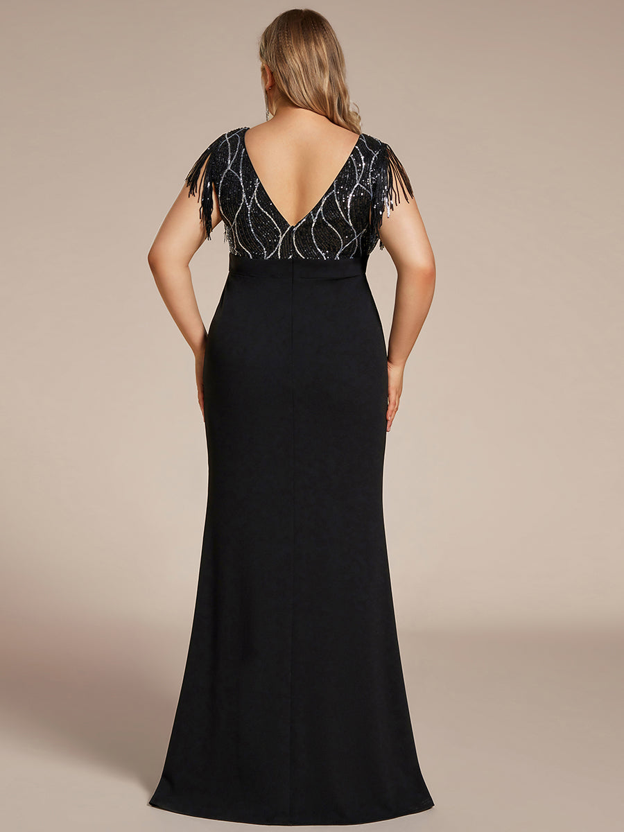 Color=Black | Plus Split Sequin Wholesale Evening Dresses With Tassel-Black 2