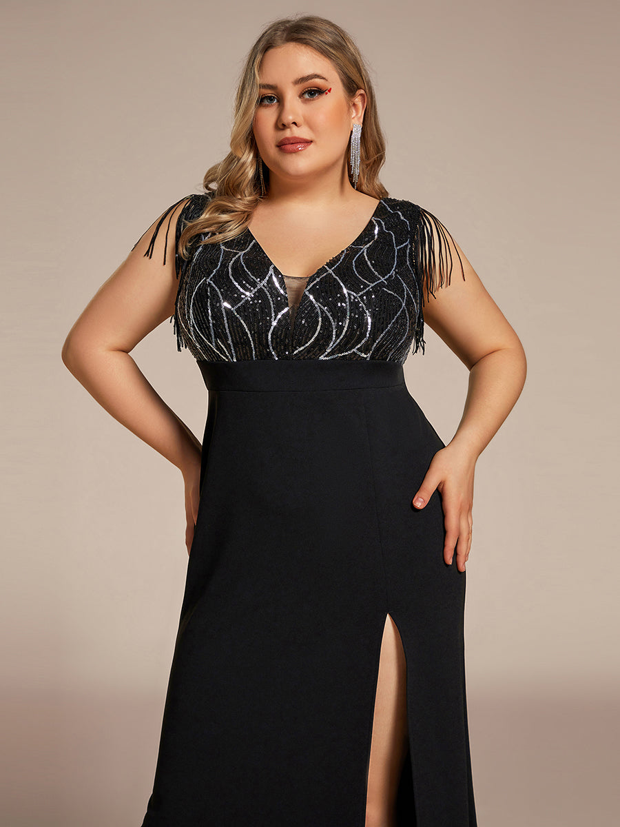 Color=Black | Plus Split Sequin Wholesale Evening Dresses With Tassel-Black 5