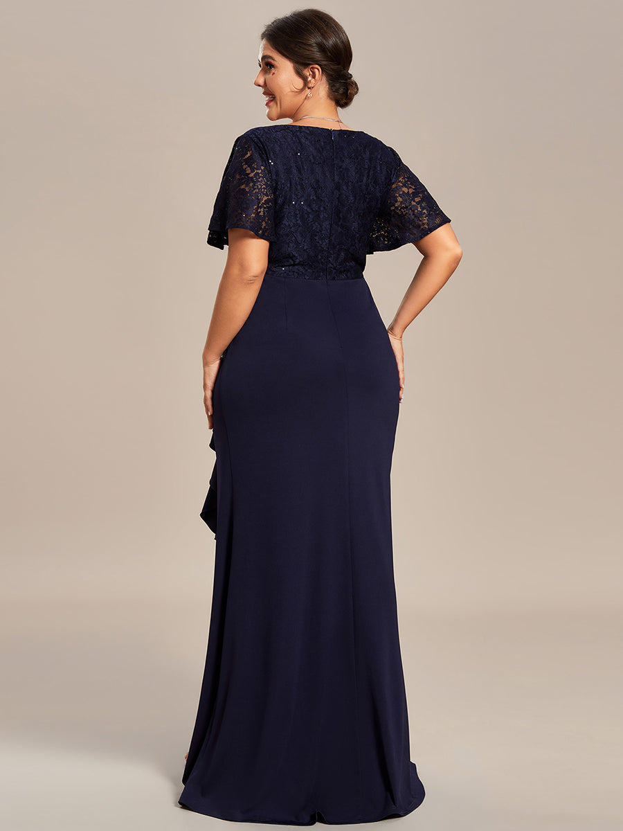 Color=Navy Blue | Plus Split Lotus Leaf Wholesale Lace Evening Dresses-Navy Blue 2