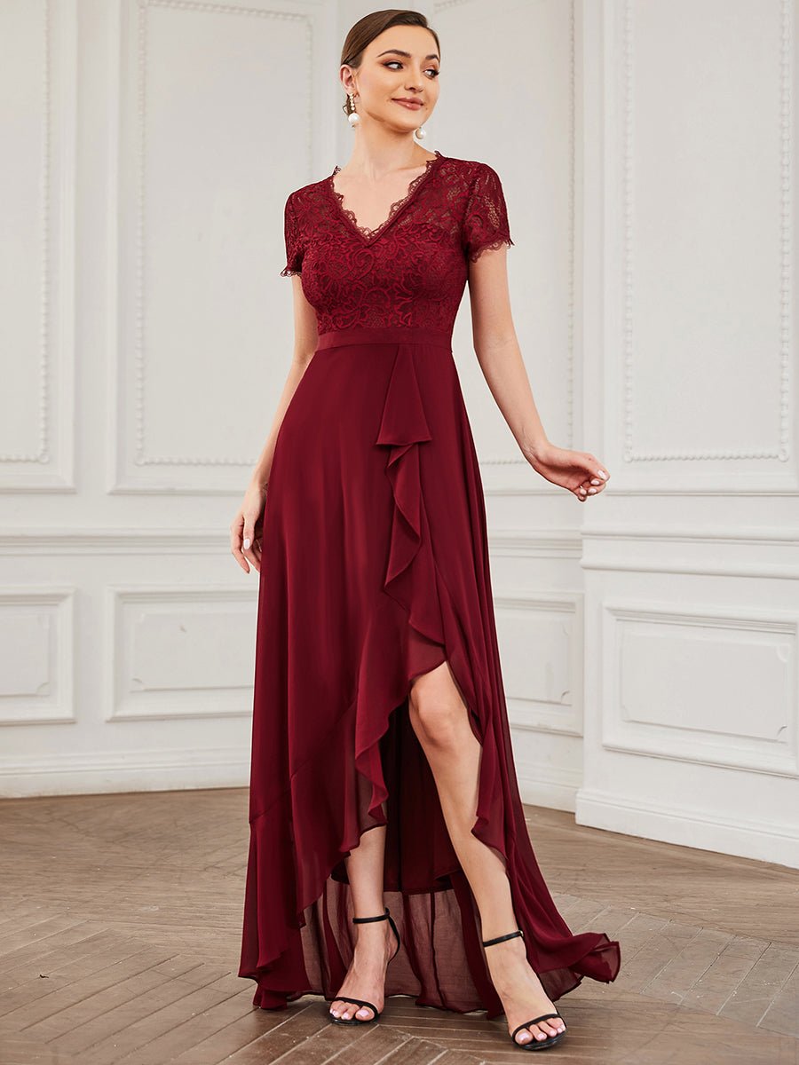 Color=Burgundy | V Neck Short Sleeves Asymmetrical Hem Wholesale Bridesmaid Dresses-Burgundy 2