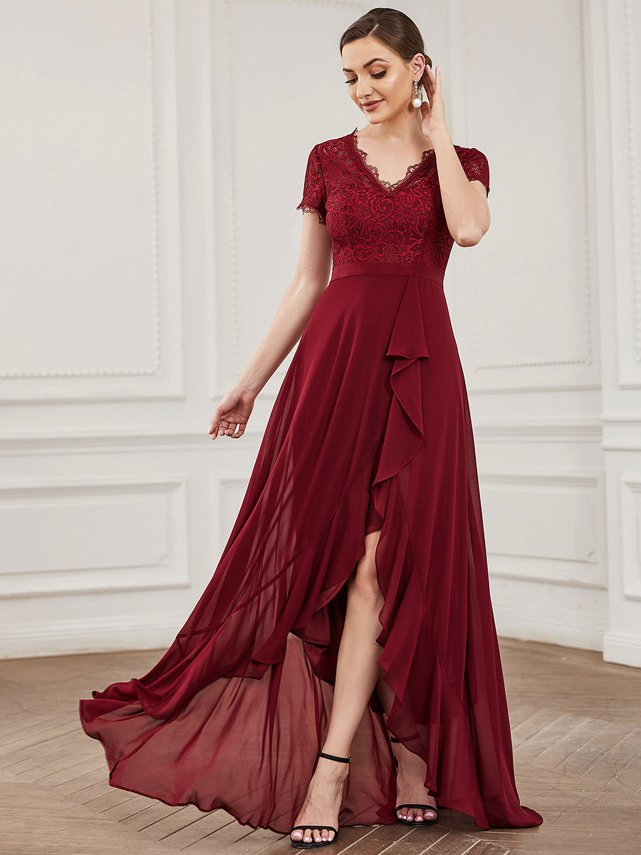 Color=Burgundy | V Neck Short Sleeves Asymmetrical Hem Wholesale Bridesmaid Dresses-Burgundy 1