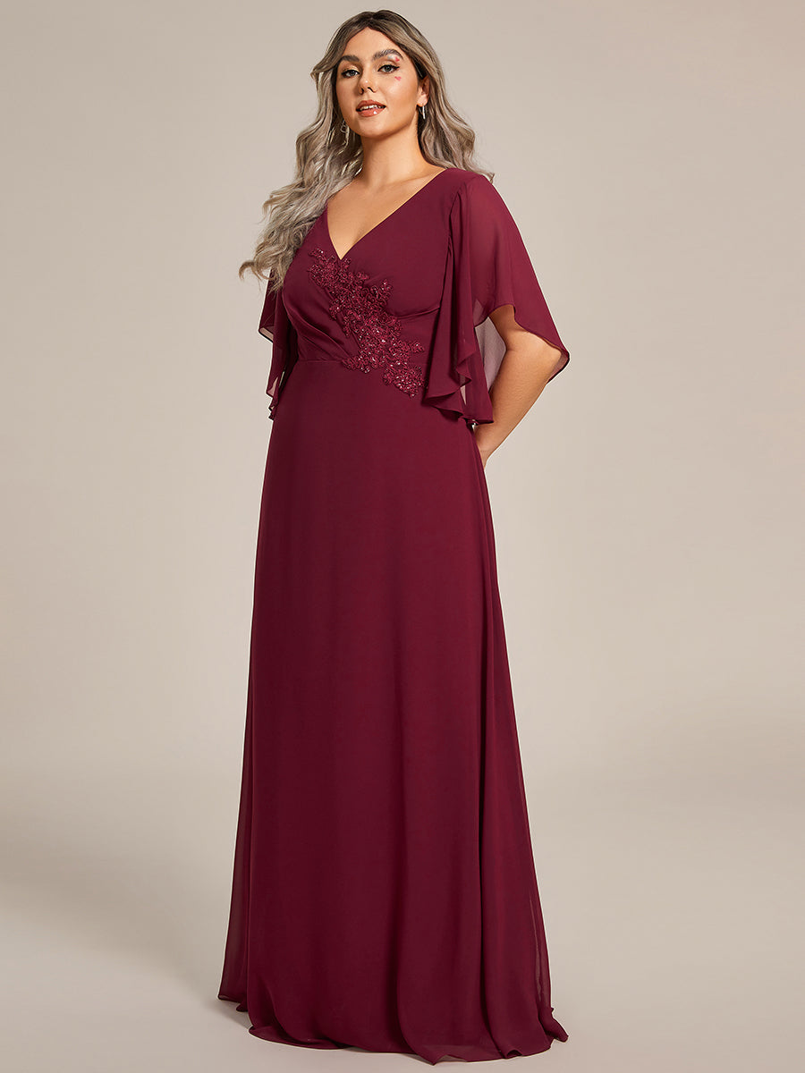 Color=Burgundy | Maxi Long Chiffon Floral Embroidery Wholesale Evening Dresses With Short Sleeves-Burgundy 1