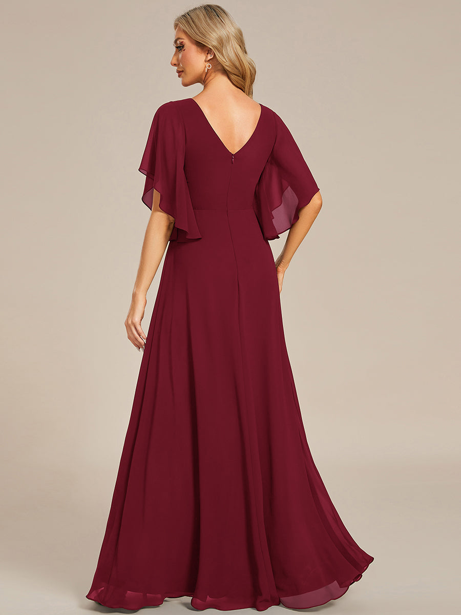 Color=Burgundy | Maxi Long Chiffon Floral Embroidery Wholesale Evening Dresses With Short Sleeves-Burgundy 4