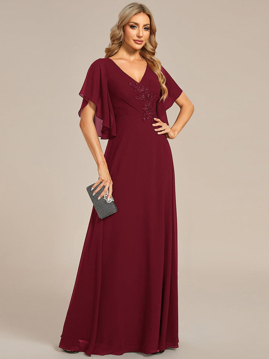 Color=Burgundy | Maxi Long Chiffon Floral Embroidery Wholesale Evening Dresses With Short Sleeves-Burgundy 1