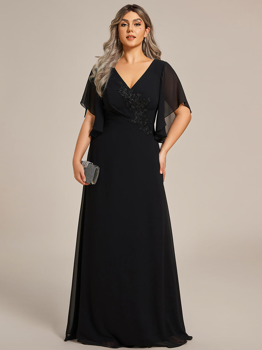 Color=Black | Maxi Long Chiffon Floral Embroidery Wholesale Evening Dresses With Short Sleeves-Black 5