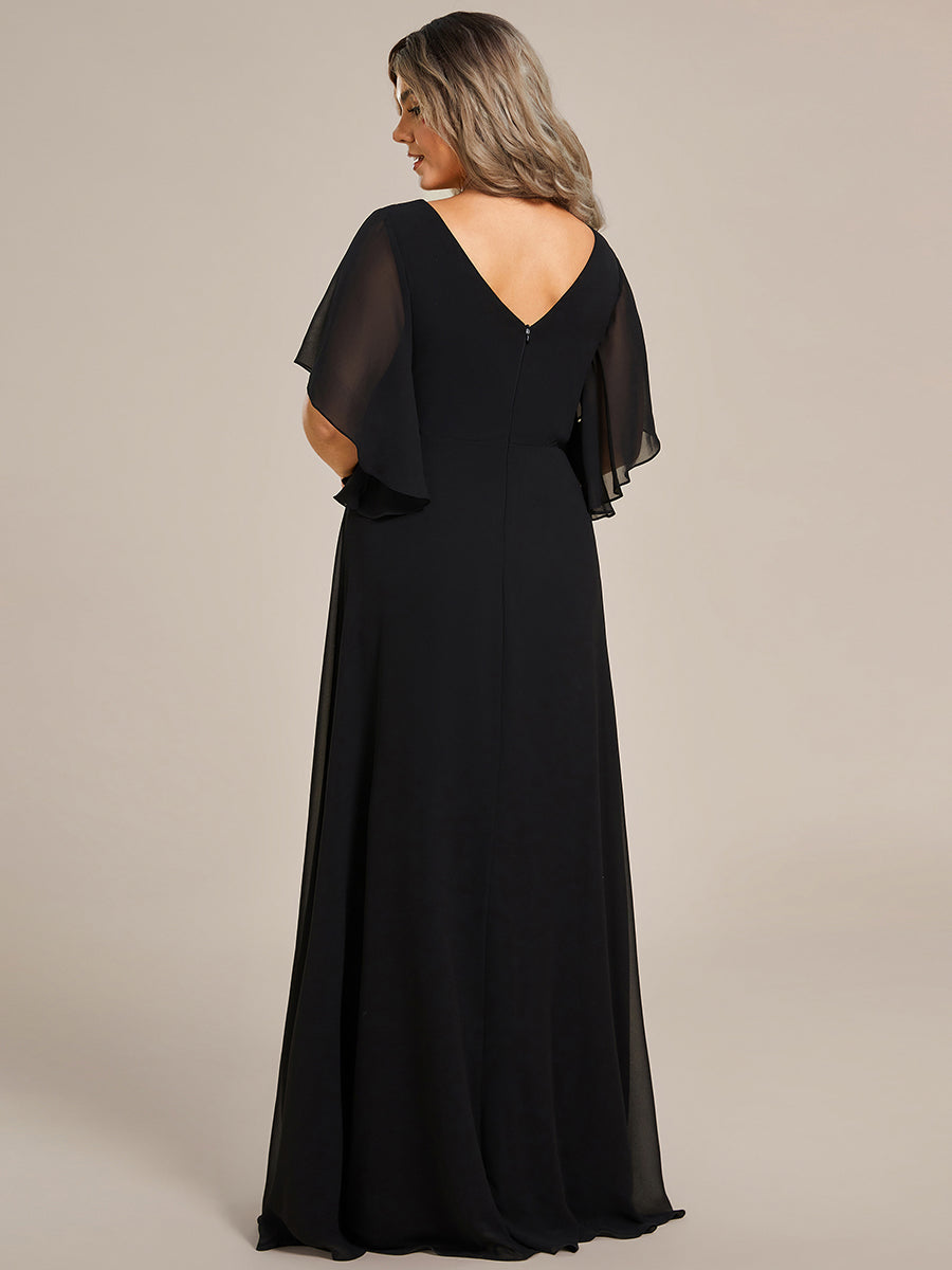 Color=Black | Maxi Long Chiffon Floral Embroidery Wholesale Evening Dresses With Short Sleeves-Black 4