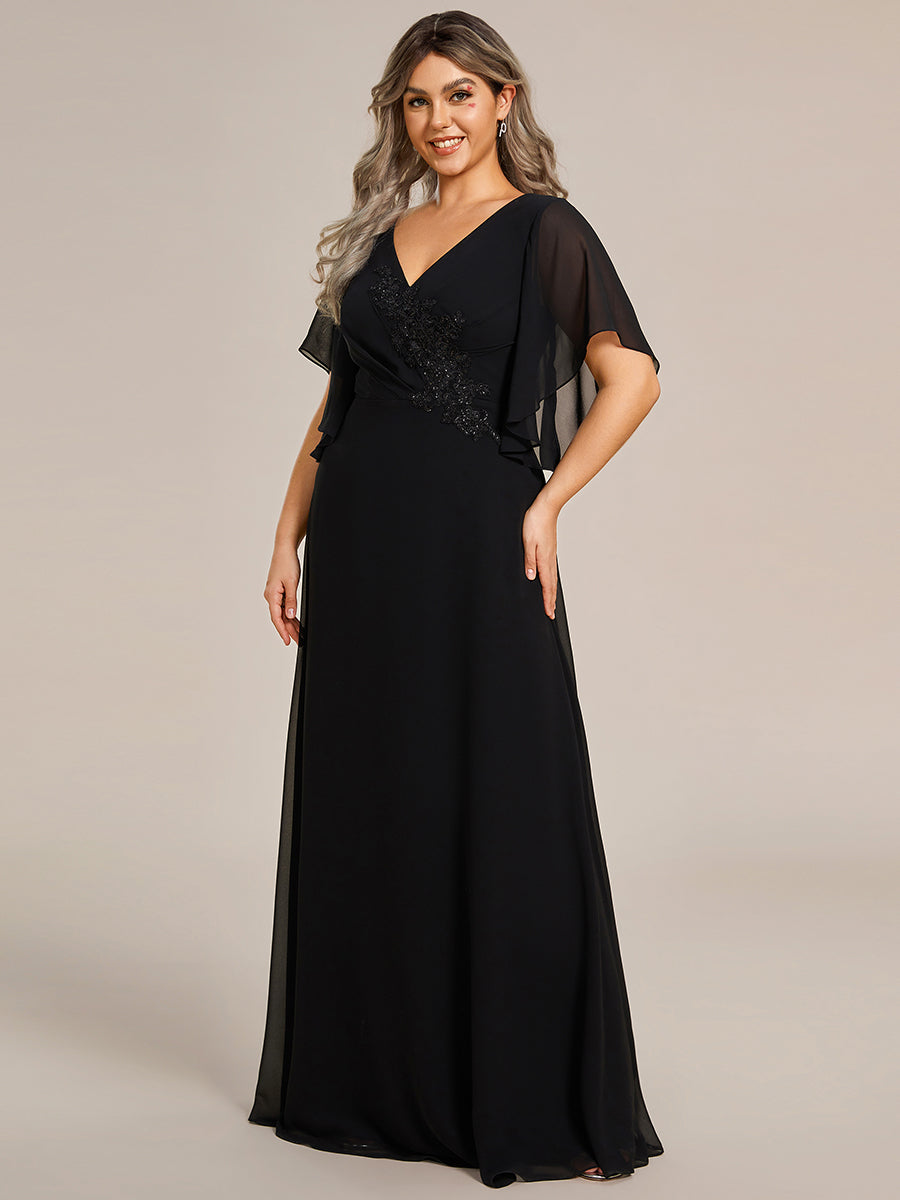 Color=Black | Maxi Long Chiffon Floral Embroidery Wholesale Evening Dresses With Short Sleeves-Black 1