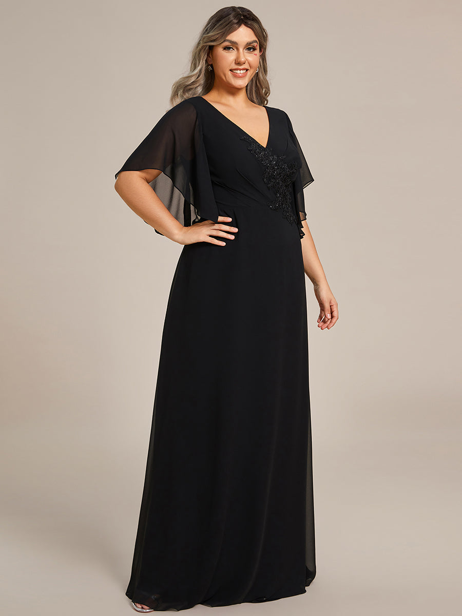 Color=Black | Maxi Long Chiffon Floral Embroidery Wholesale Evening Dresses With Short Sleeves-Black 2