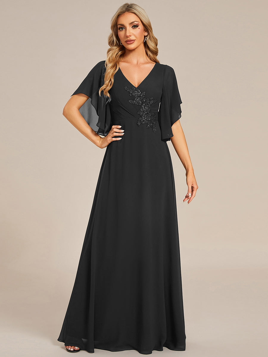 Color=Black | Maxi Long Chiffon Floral Embroidery Wholesale Evening Dresses With Short Sleeves-Black 15