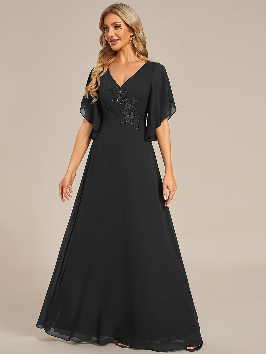 Color=Black | Maxi Long Chiffon Floral Embroidery Wholesale Evening Dresses With Short Sleeves-Black 