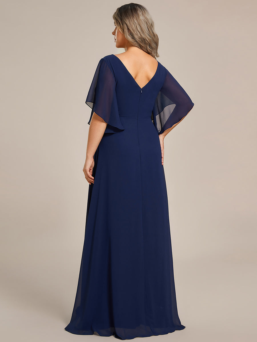 Color=Navy Blue | Maxi Long Chiffon Floral Embroidery Wholesale Evening Dresses With Short Sleeves-Navy Blue 4