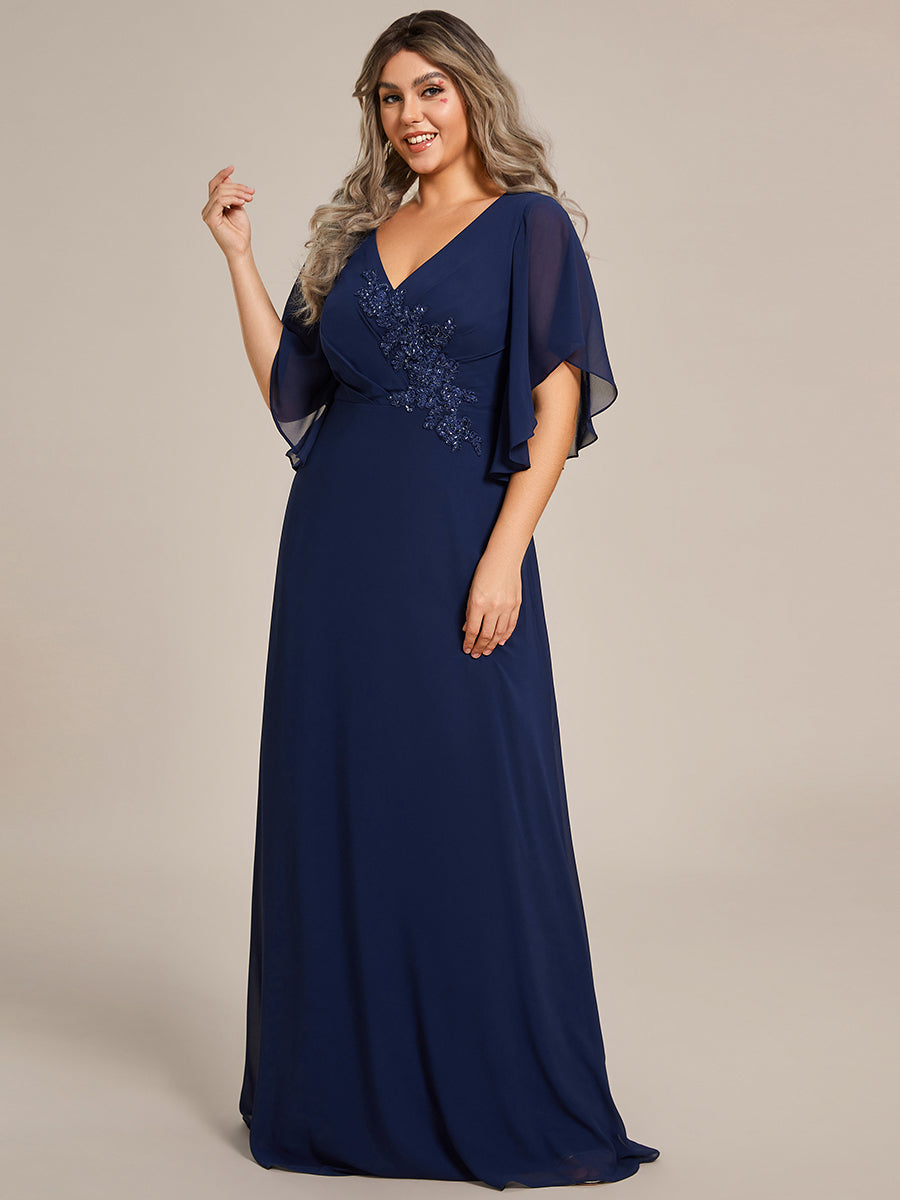 Color=Navy Blue | Maxi Long Chiffon Floral Embroidery Wholesale Evening Dresses With Short Sleeves-Navy Blue 1