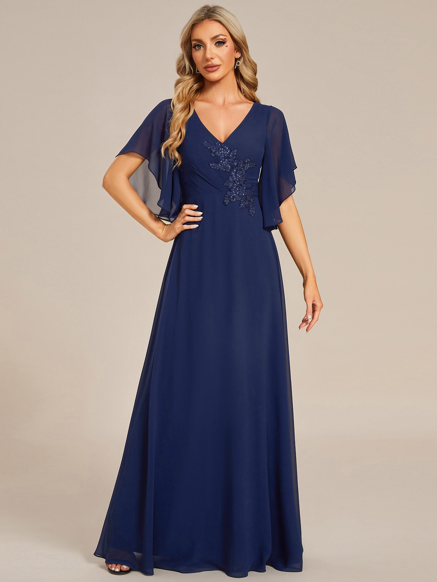 Color=Navy Blue | Maxi Long Chiffon Floral Embroidery Wholesale Evening Dresses With Short Sleeves-Navy Blue 