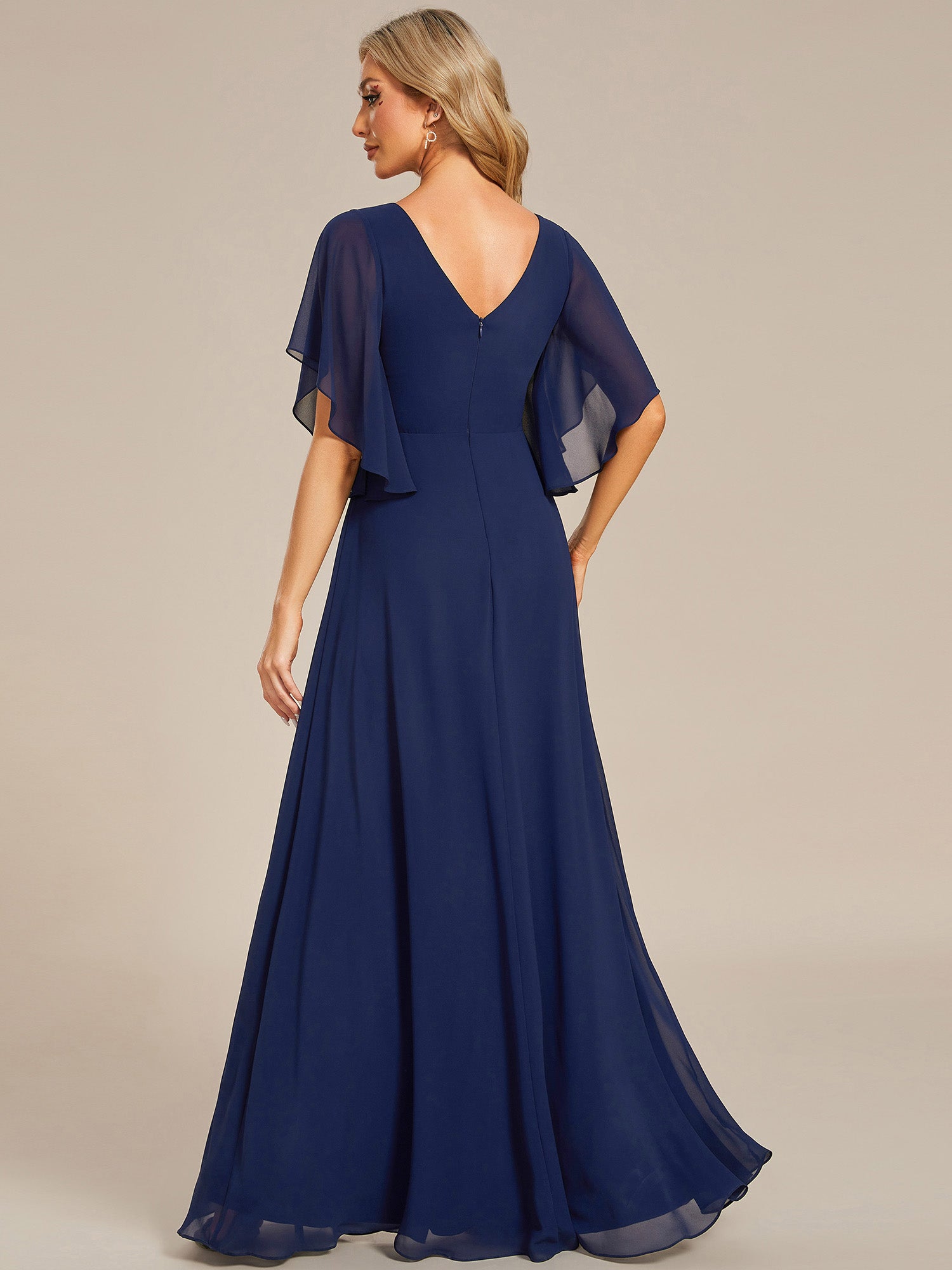 Color=Navy Blue | Maxi Long Chiffon Floral Embroidery Wholesale Evening Dresses With Short Sleeves-Navy Blue 