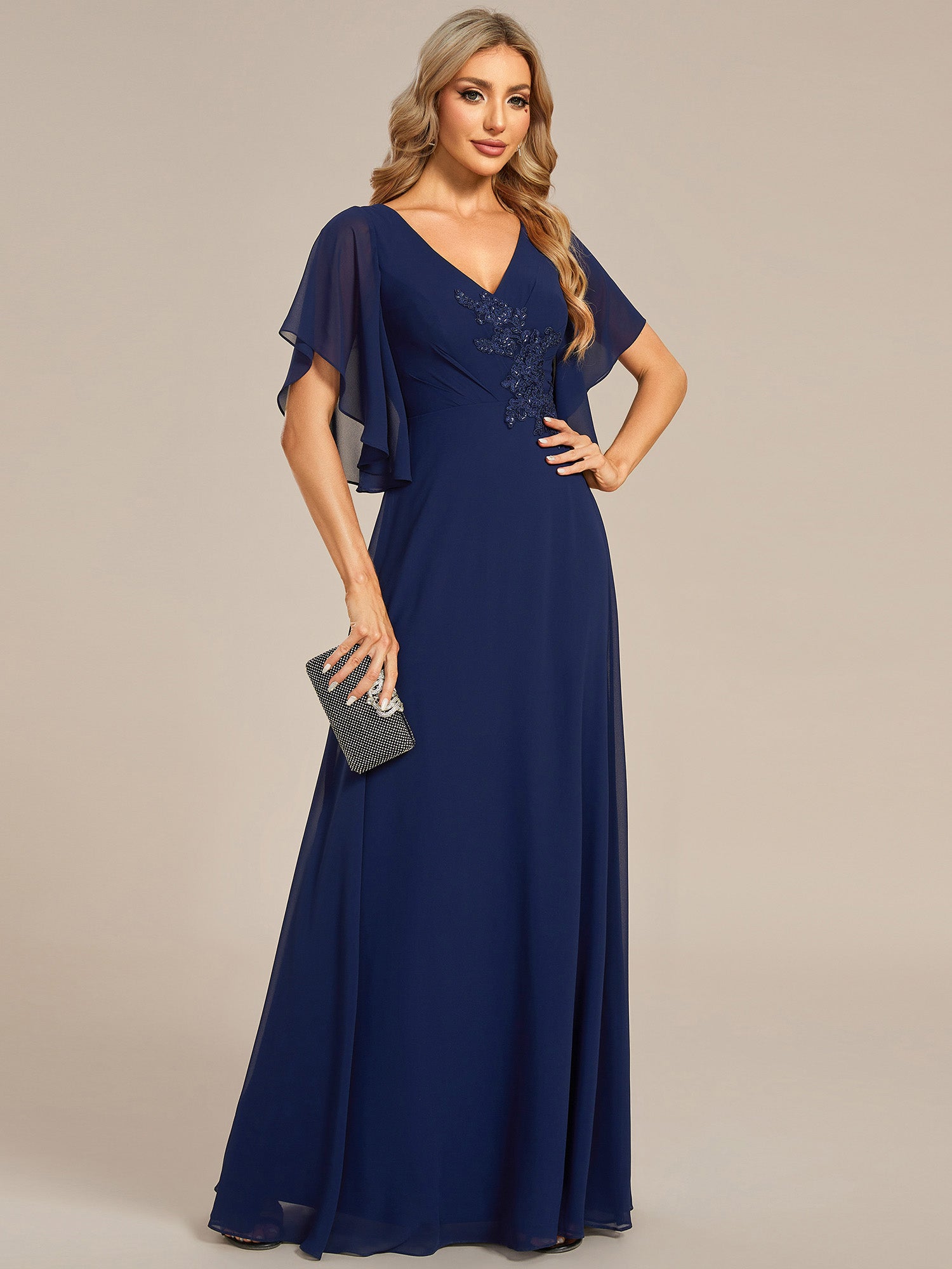 Color=Navy Blue | Maxi Long Chiffon Floral Embroidery Wholesale Evening Dresses With Short Sleeves-Navy Blue 
