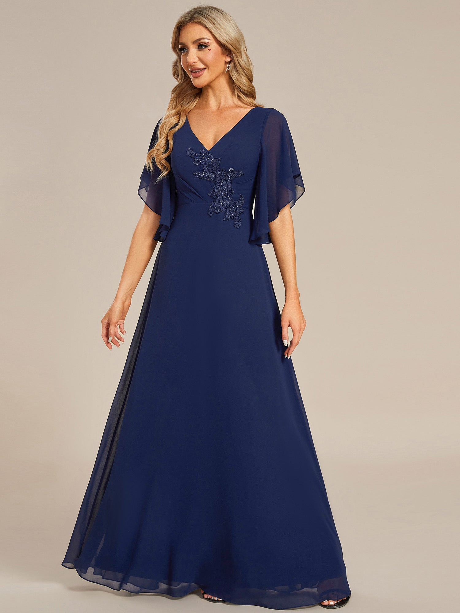 Color=Navy Blue | Maxi Long Chiffon Floral Embroidery Wholesale Evening Dresses With Short Sleeves-Navy Blue 