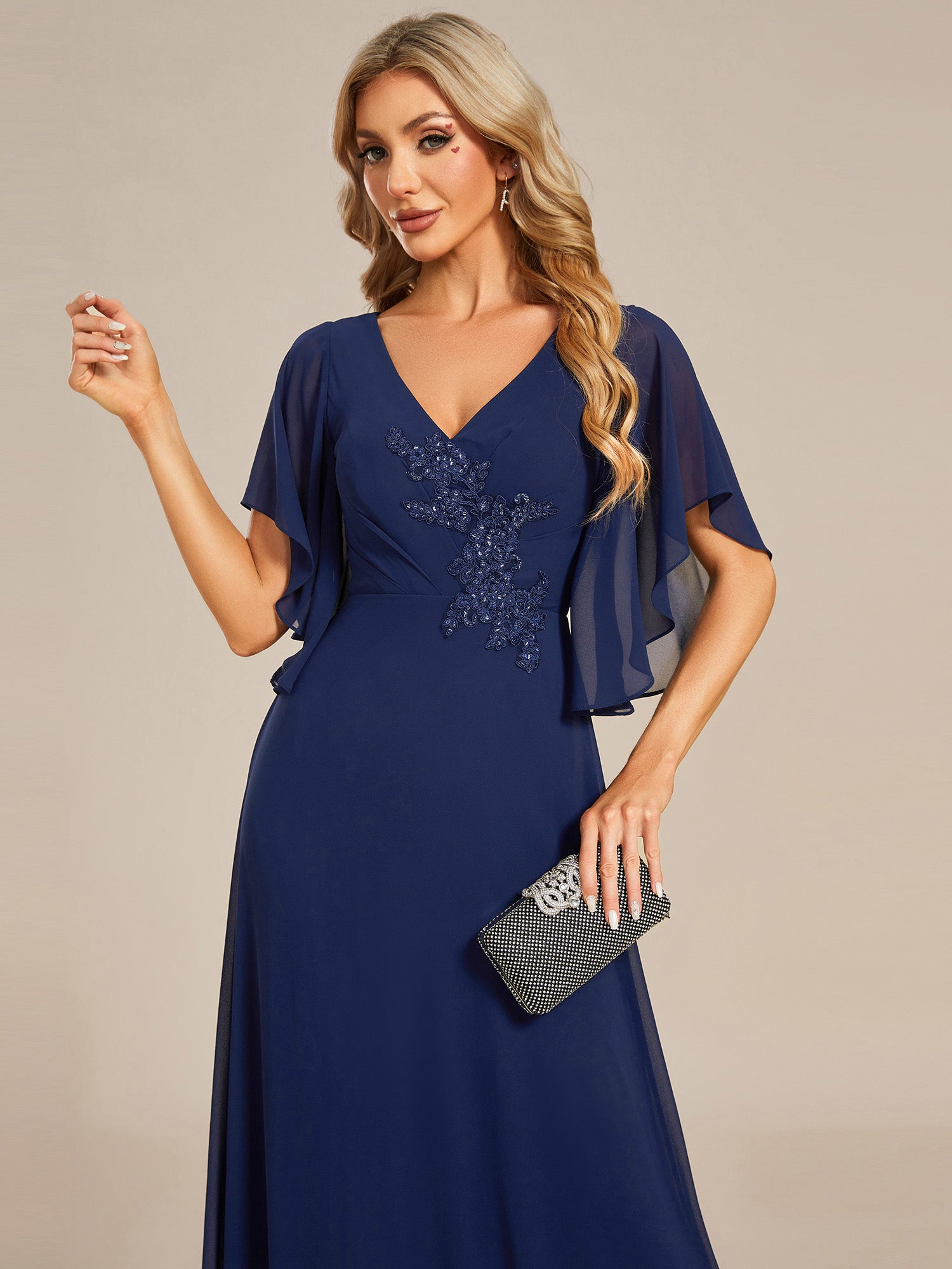 Color=Navy Blue | Maxi Long Chiffon Floral Embroidery Wholesale Evening Dresses With Short Sleeves-Navy Blue 